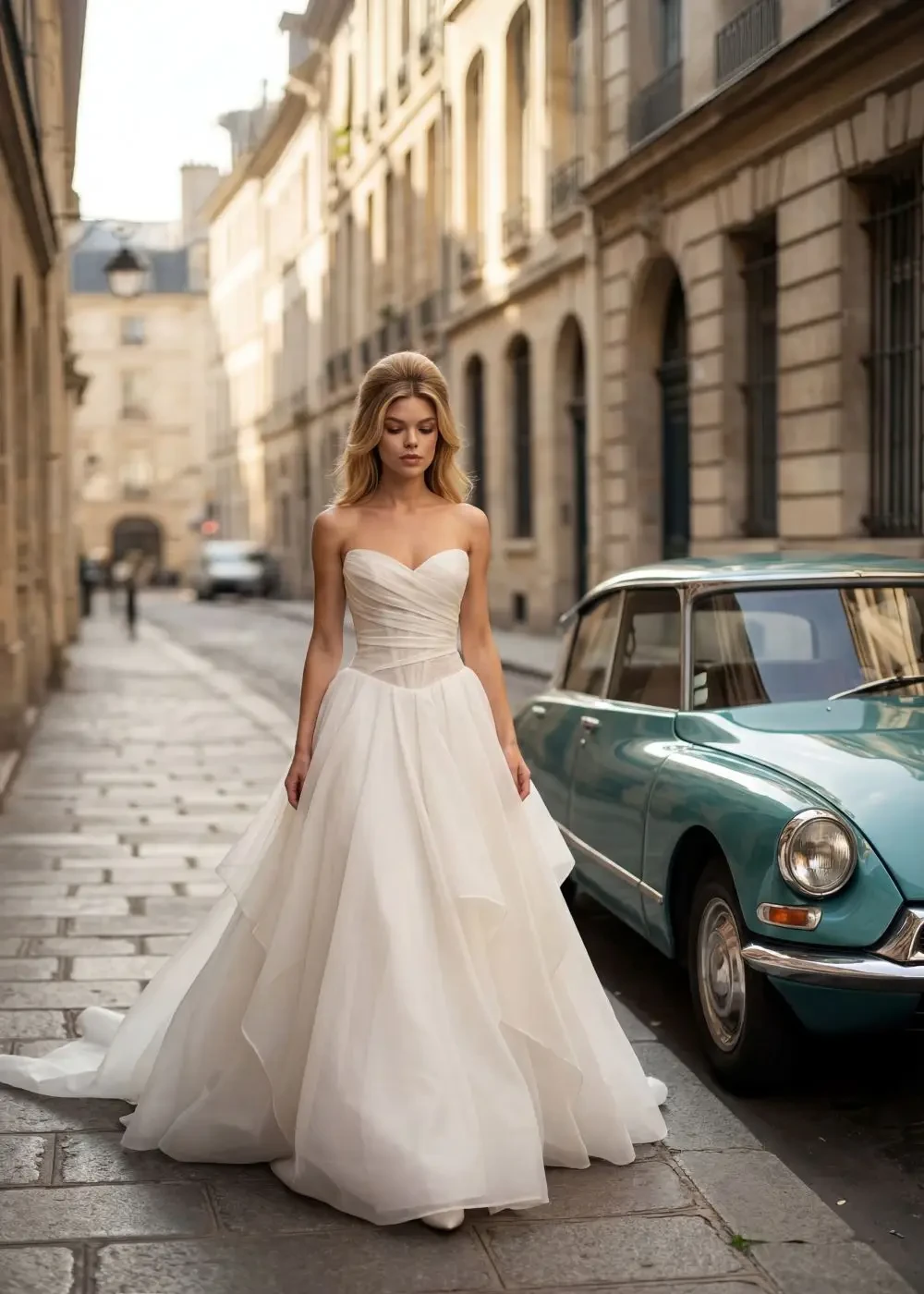 model is wearing the louisa bridal gown from the randy fenoli collection